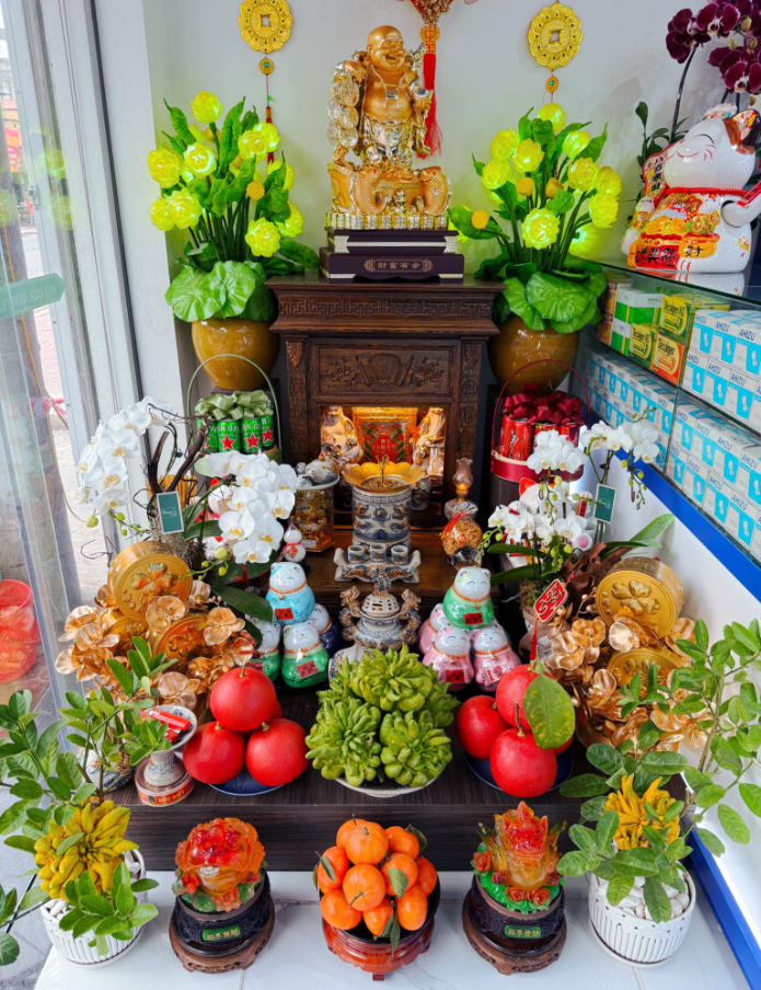 Ban Thờ Thần Tài Thổ Địa Mái Bằng Trụ Vuông Đồng Tiền